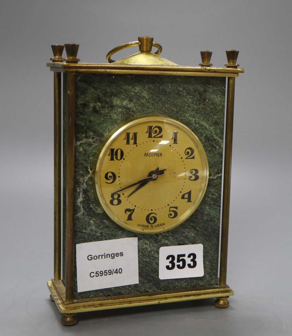 A Molnija Russian marble and brass mantel timepiece, height 18.5cm